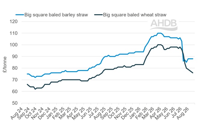 A line graph showing GB big bale straw weekly prices 23 August 2026.